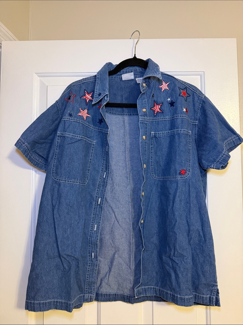 Girls' Denim Button-Front Shirt with Star Appliqués